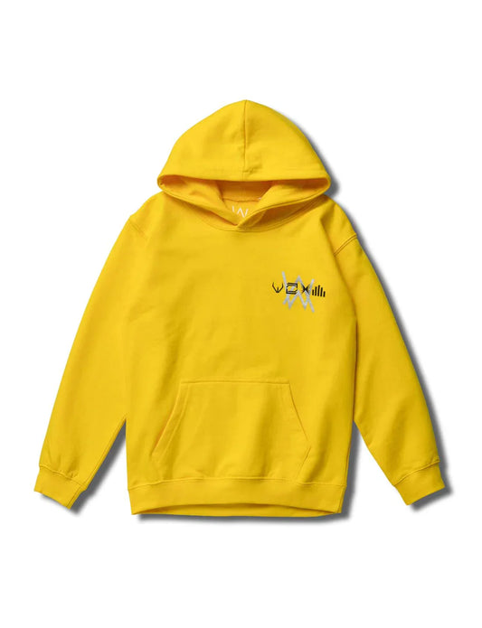 Vibrant yellow Alan Walker hoodie with signature logo on chest for kids.