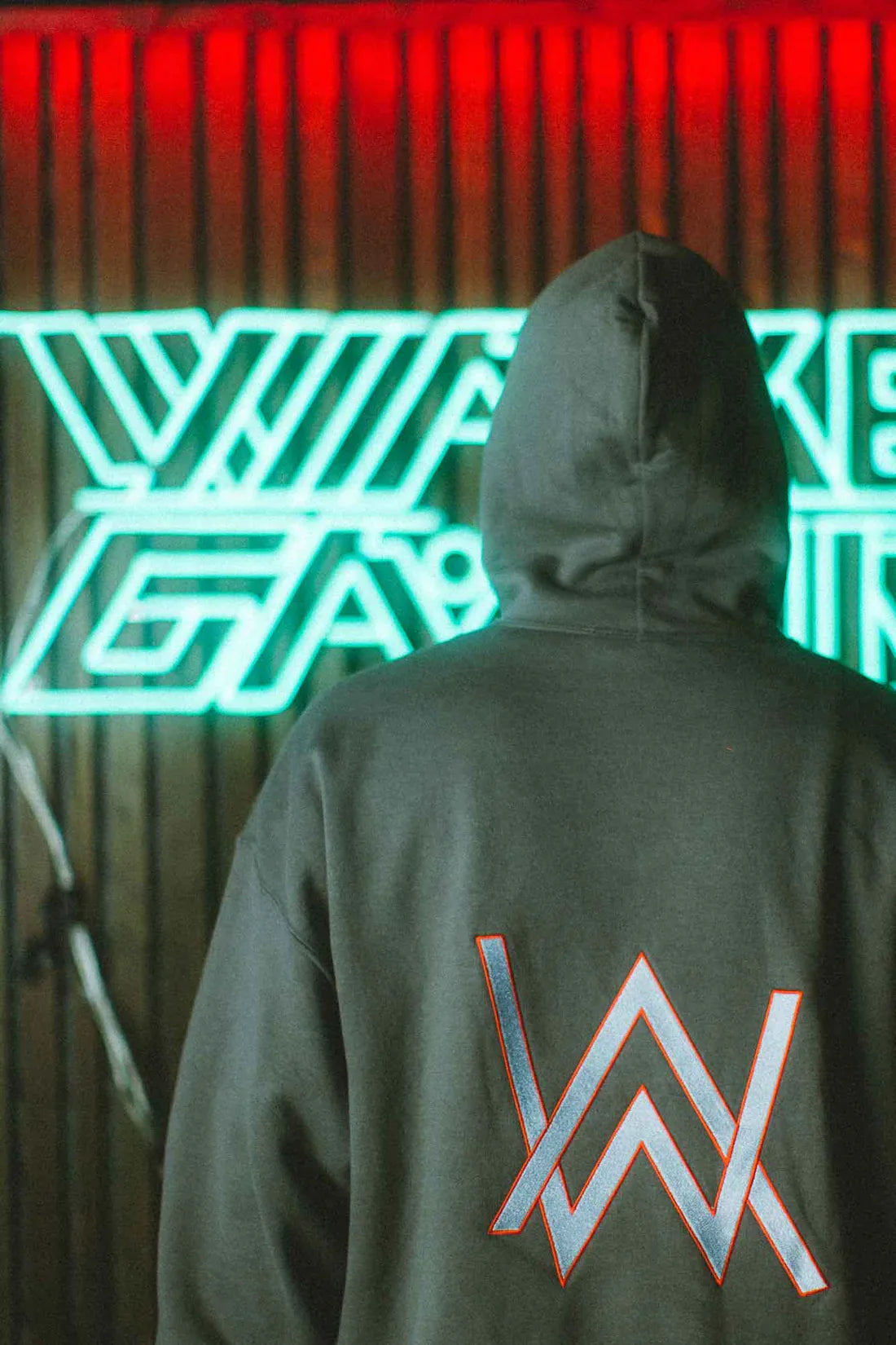 Back view of a person in a gray Alan Walkre Gaming Hoodie under neon lights, the Alan Walker logo radiating a cyberpunk vibe in the urban night.