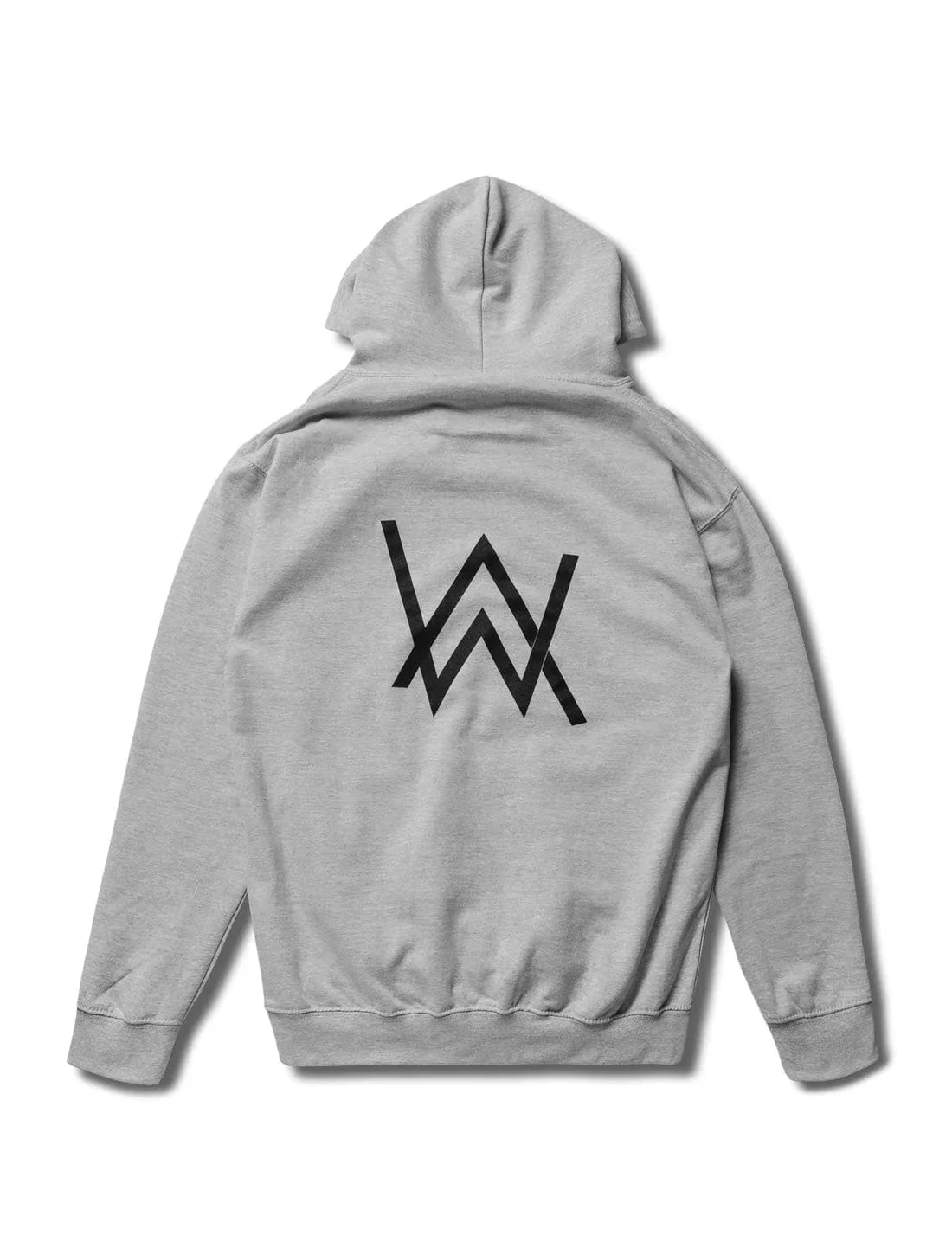 Back view of the grey Potato Logo Hoodie highlighting the bold Alan Walker logo in contrasting black.