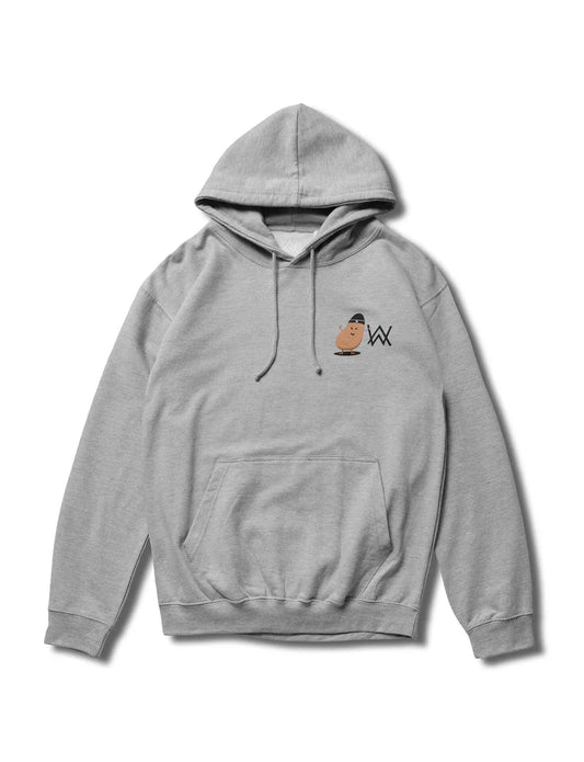 Casual grey hoodie featuring a whimsical cartoon potato character alongside the iconic Alan Walker logo.