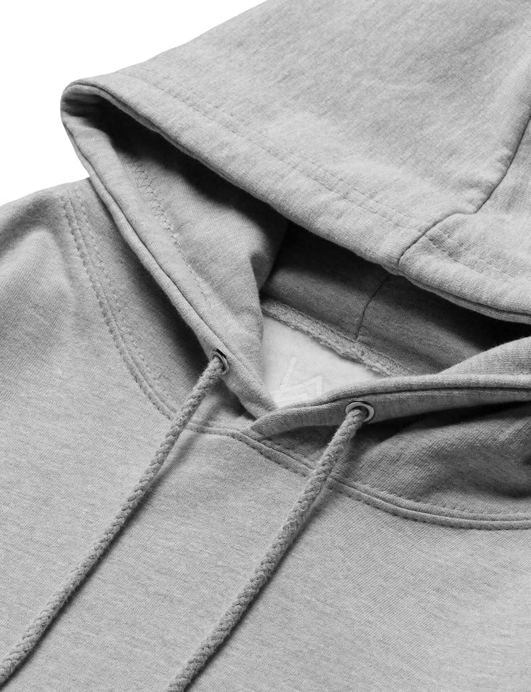 Detailed close-up of the heather grey hoodie's soft hood texture with quality stitching and drawstrings.