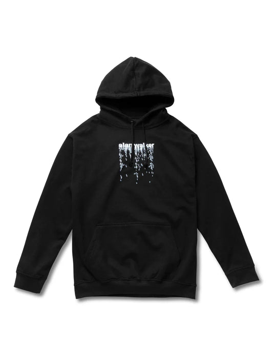 Classic black hoodie with 'alan walker' in a digital rain graphic design on the front, combining street style with cyber aesthetics.