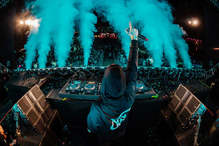 Epic festival moment with DJ raising a hand in the air, blue smoke billowing, sporting a hoodie with Alan Walker's emblem, capturing the essence of electronic anthems.