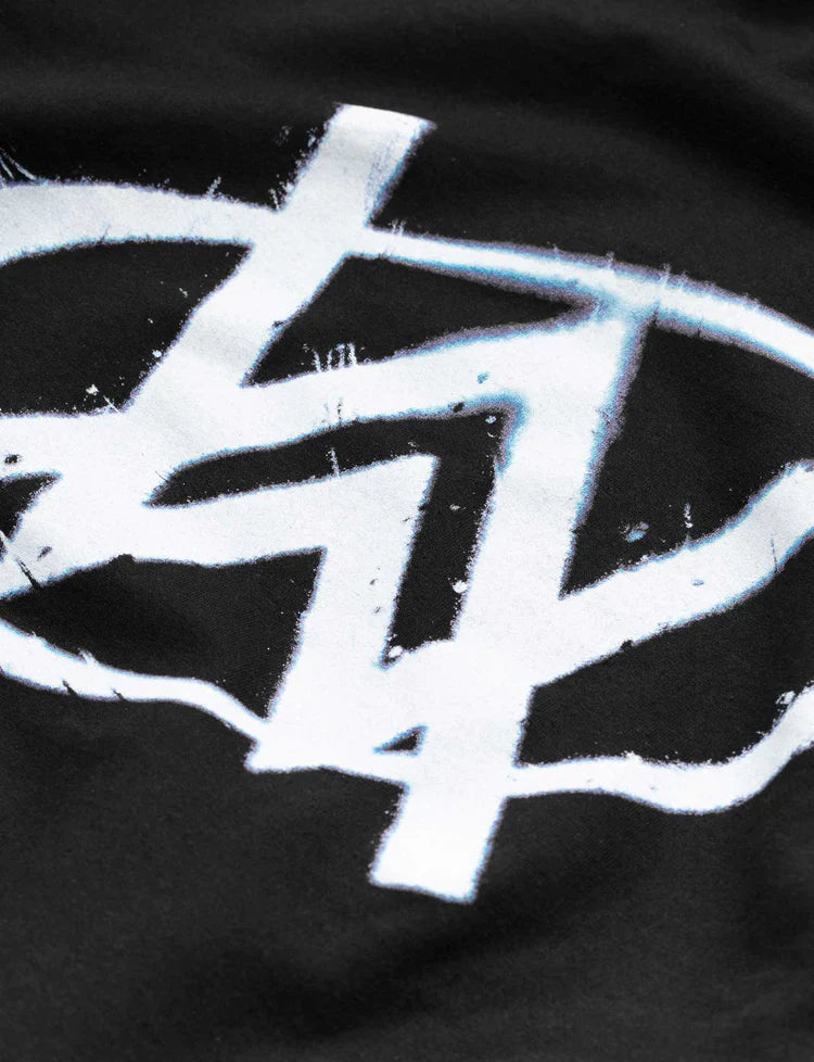 Detail shot highlighting the crisp white Alan Walker logo on the back of a black hoodie, symbolizing the electronic music culture.