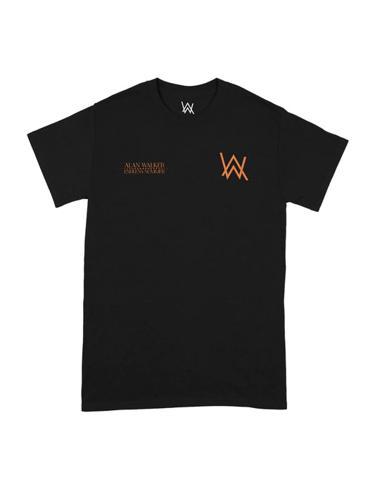 Alan Walker's Endless Summer black T-shirt with a small orange 'AW' logo on the front and 'Alan Walker Endless Summer' text in orange, displayed on a white background.