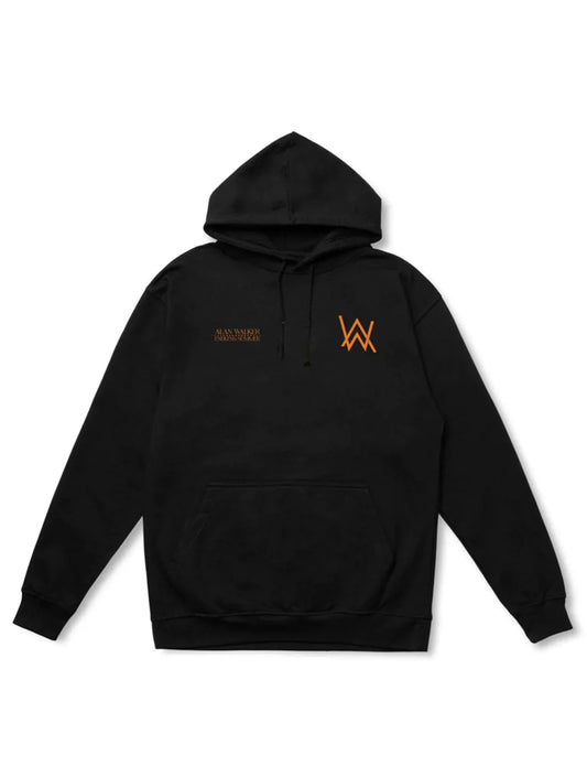 Alan Walker's Endless Summer black hoodie featuring a small orange 'AW' logo on the front and drawstring hood, displayed on a white background.