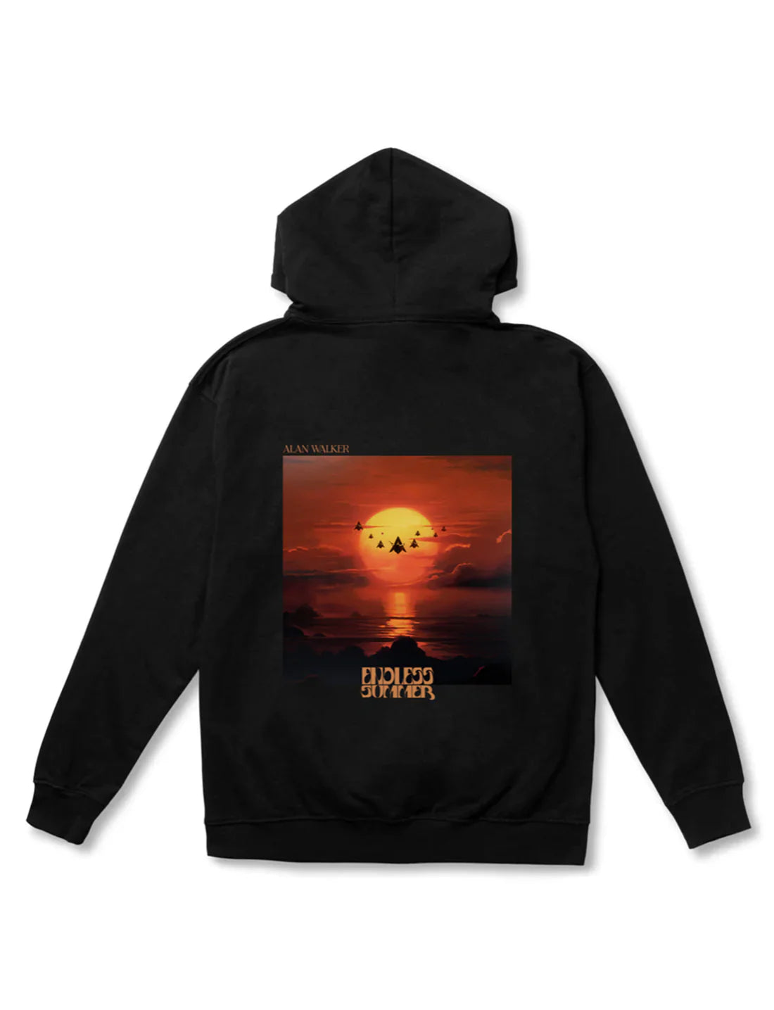 Back view of Alan Walker's Endless Summer Hoodie in black, featuring a vibrant sunset graphic with silhouette of palm trees and 'Endless Summer' text below, displayed on a white background.
