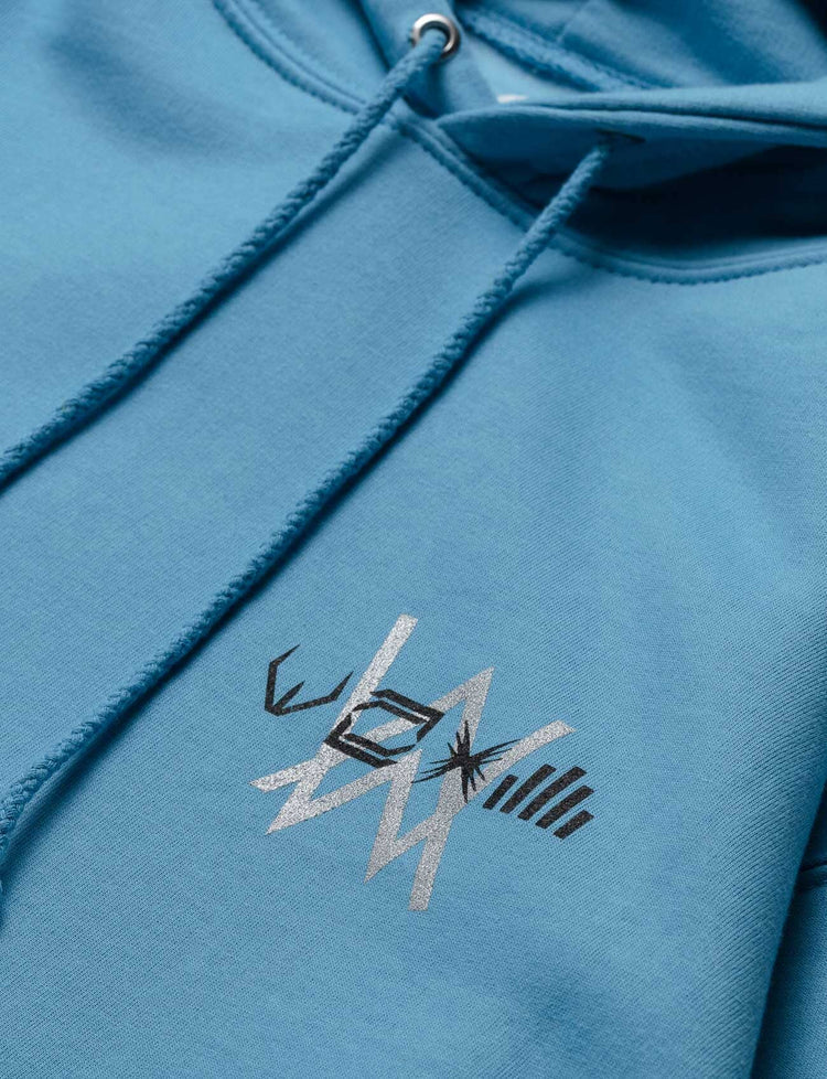 Detailed view of the Blue Walker Stage Hoodie's front logo in white, reflecting Alan Walker's signature electronic style.