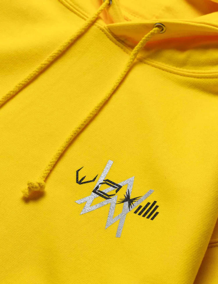Embroidered Alan Walker logo on the Yellow Walkerverse Stage Hoodie.