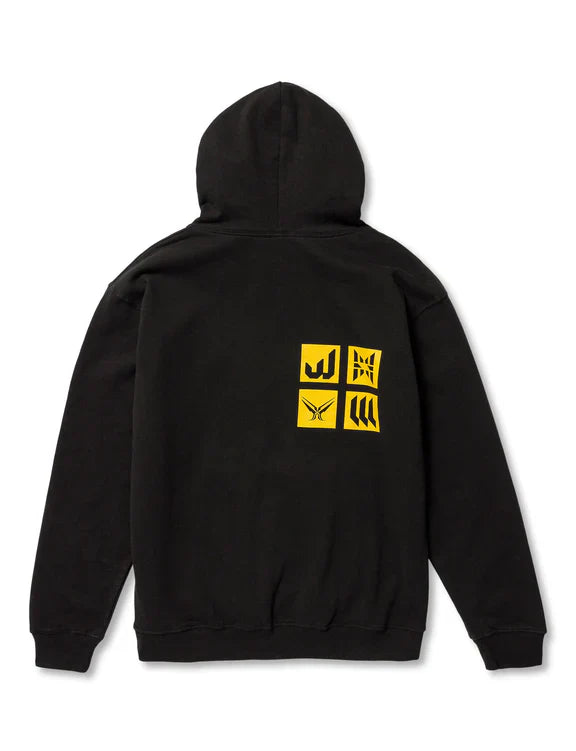 Rear view of the Black Walkerverse 2.0 Hoodie showcasing the unique golden symbols representing Alan Walker's music universe.