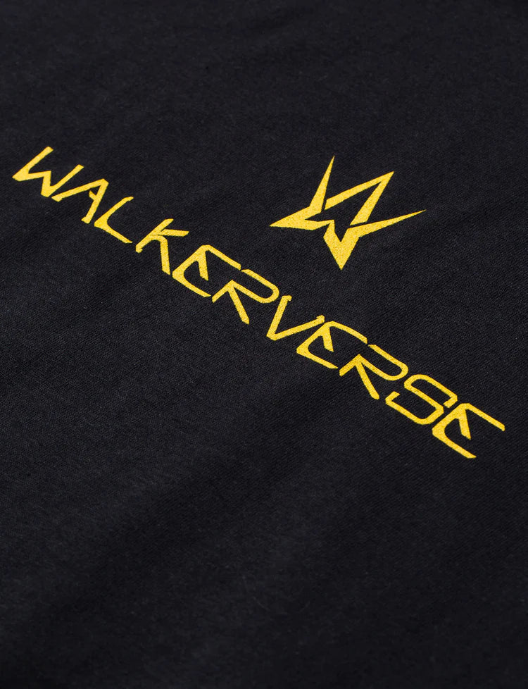 Zoomed-in view of the Black Walkerverse 2.0 Longsleeve's back featuring the elegant Walkerverse logo in golden yellow.