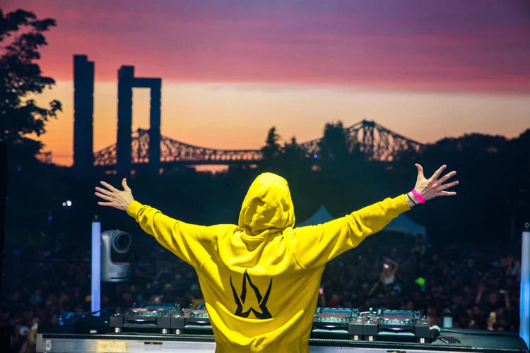 Alan Walker in Yellow Walkerverse Hoodie at sunset music festival with fans in background.