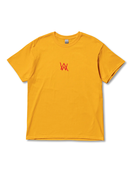 Bright yellow crew neck t-shirt with a small red Alan Walker logo on the left chest area.