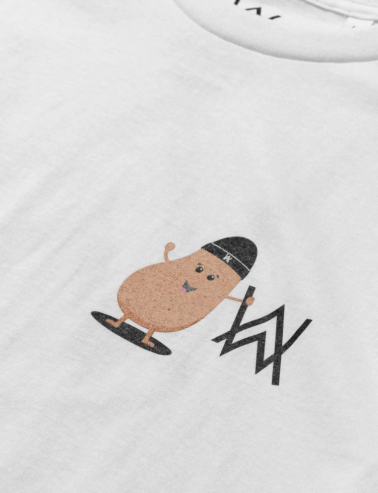 Zoomed-in view of the playful potato graphic on Alan Walker's white t-shirt, highlighting the character's beanie and smile.