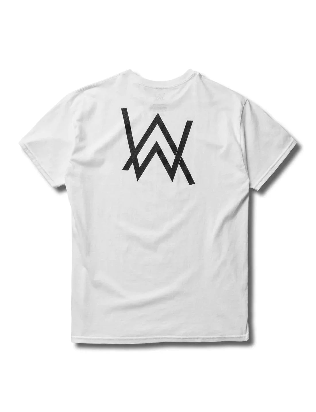 Back view of a white t-shirt with a bold black Walker logo, part of Alan Walker's signature apparel collection.