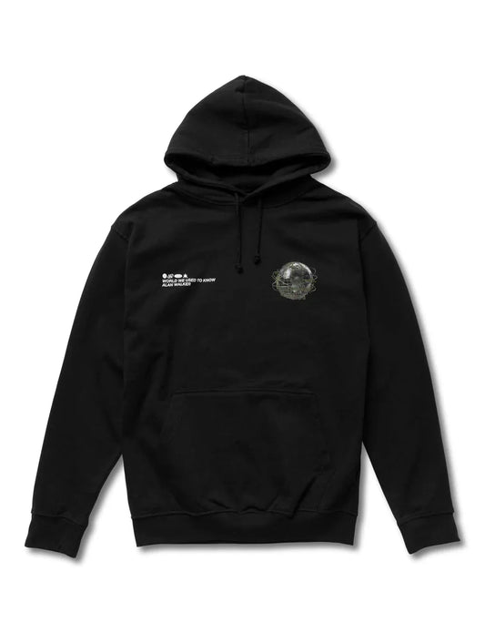 Stylish black 'World We Used To Know' hoodie with front Alan Walker quote and planet emblem.