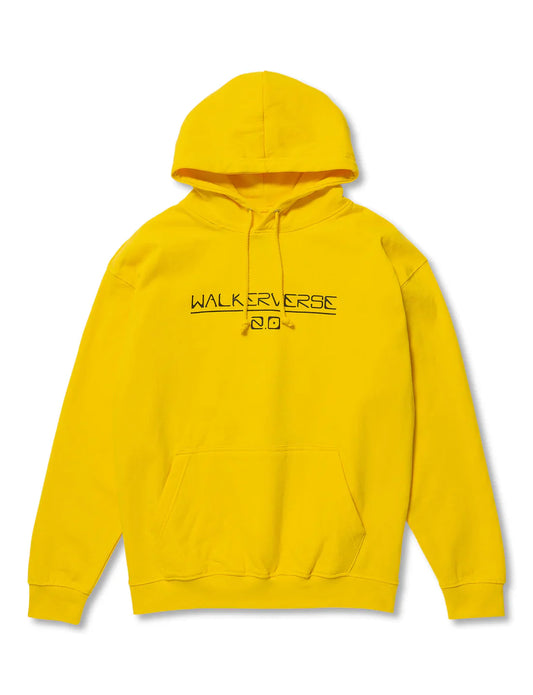 Front view of the Yellow Walkerverse 2.0 Hoodie with minimalist logo.